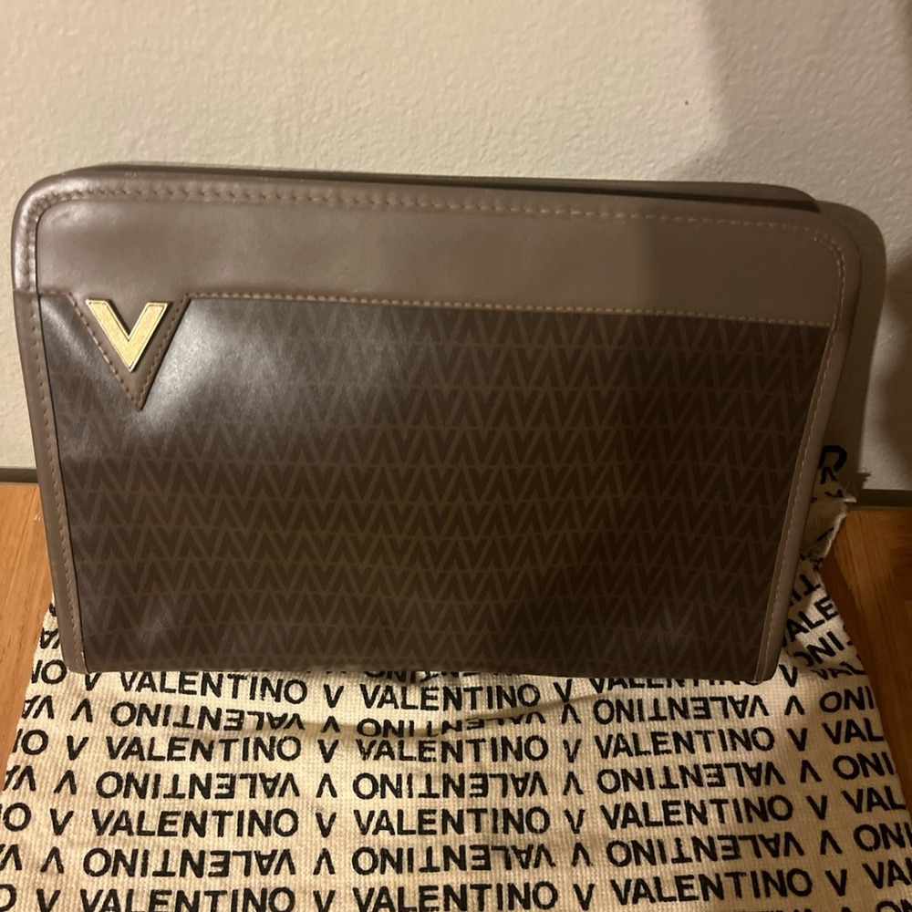 Valentino Brown Clutch with Gold Logo and Textured Finish with dust bag